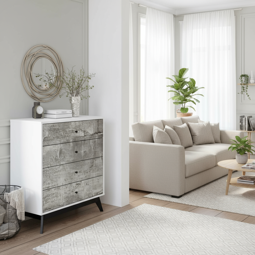 Lounge room lifestyle with distressed chest of drawers
