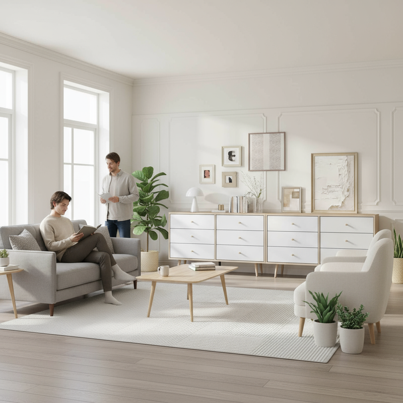 Lounge room lifestyle with white dressers and people