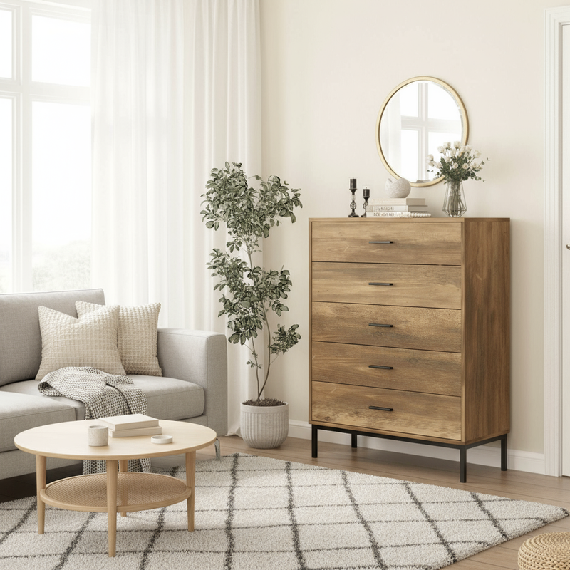 Lounge room with exact oak chest of drawers