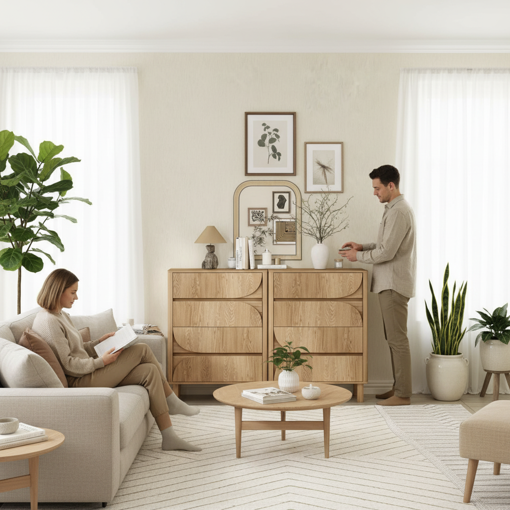 Lounge room with people and pair of oak chests