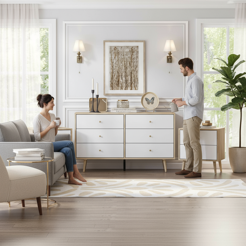 Lounge setting lifestyle with furniture set and people