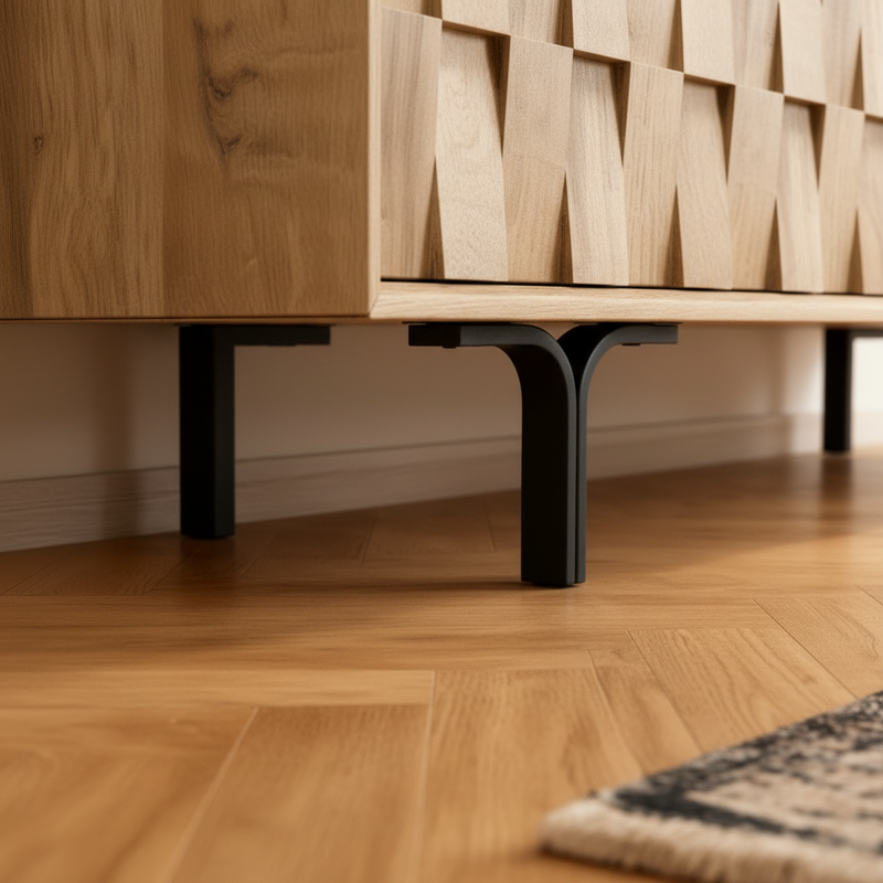 Low angle detail of black tapered legs and base construction