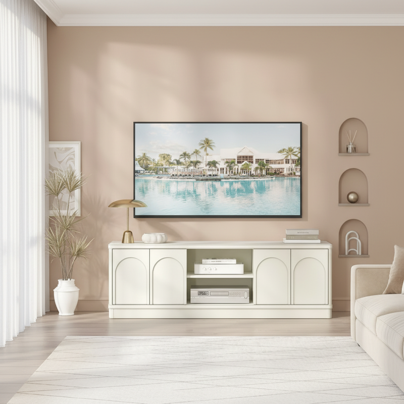 Luxury lounge room with white arched TV unit