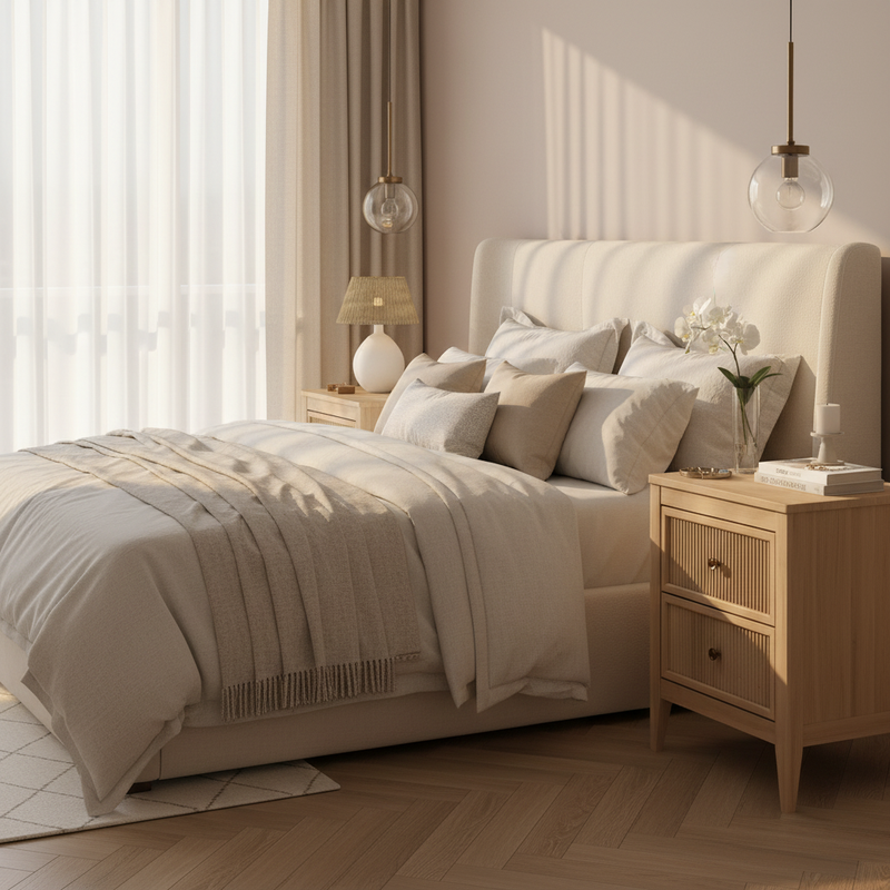 Luxury master bedroom with ribbed bedside table and golden hour lighting