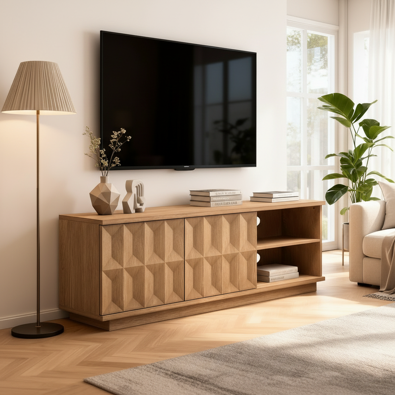 Luxury open-plan lounge showcasing natural wood TV unit