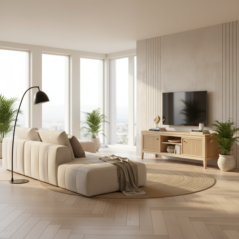 Luxury open-plan lounge with ribbed TV unit and mounted TV