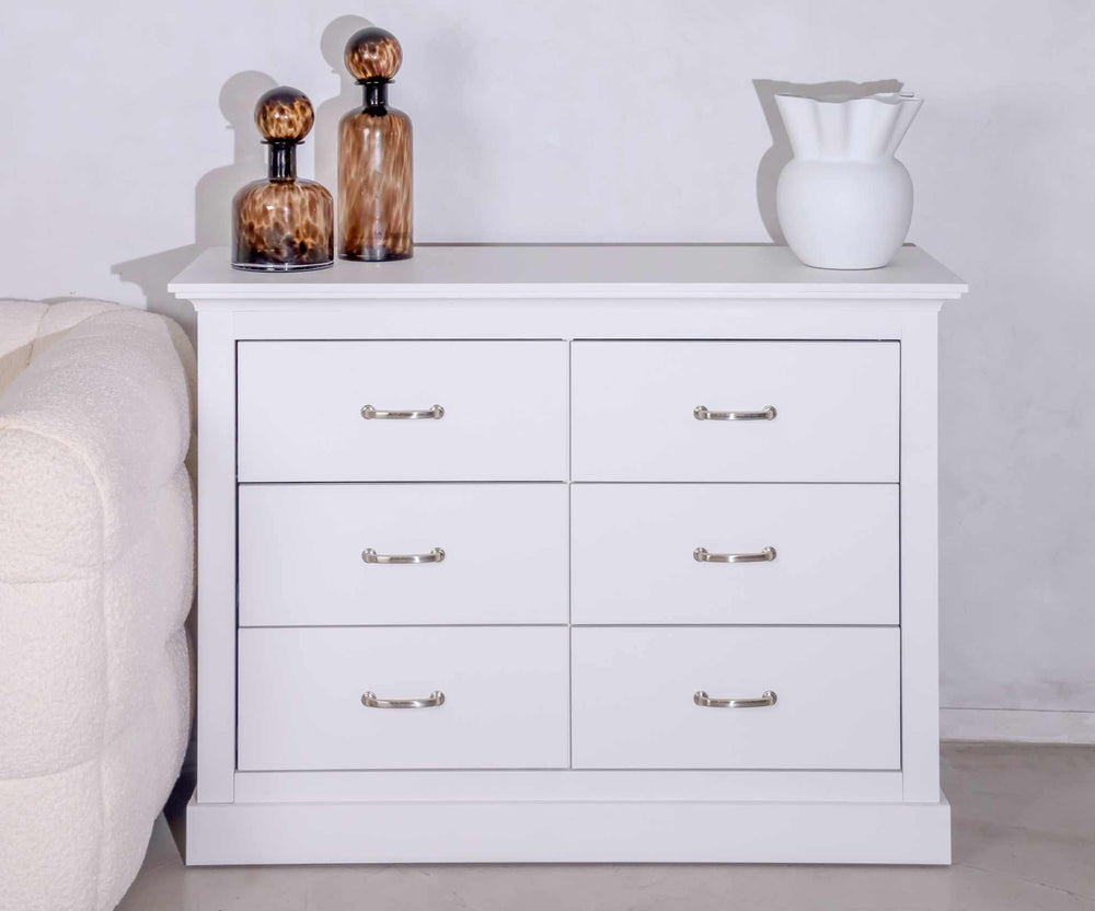 Ashford Matt White 6-drawer chest, elegant engineered wood design, durable storage solution.