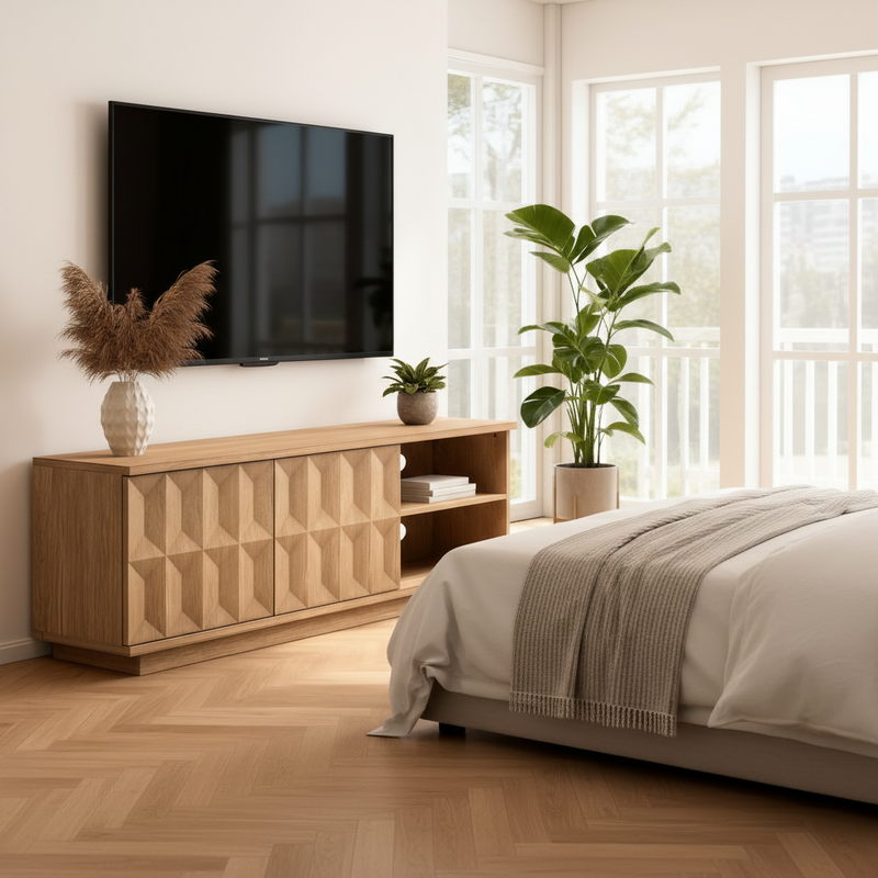 Minimal bedroom with natural wood console