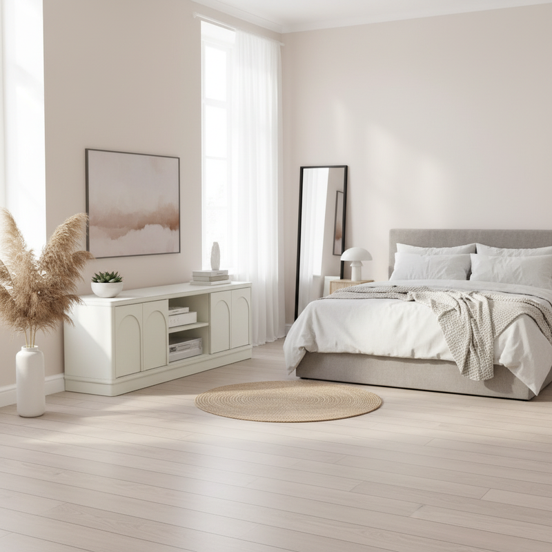 Minimal bedroom with white arched console