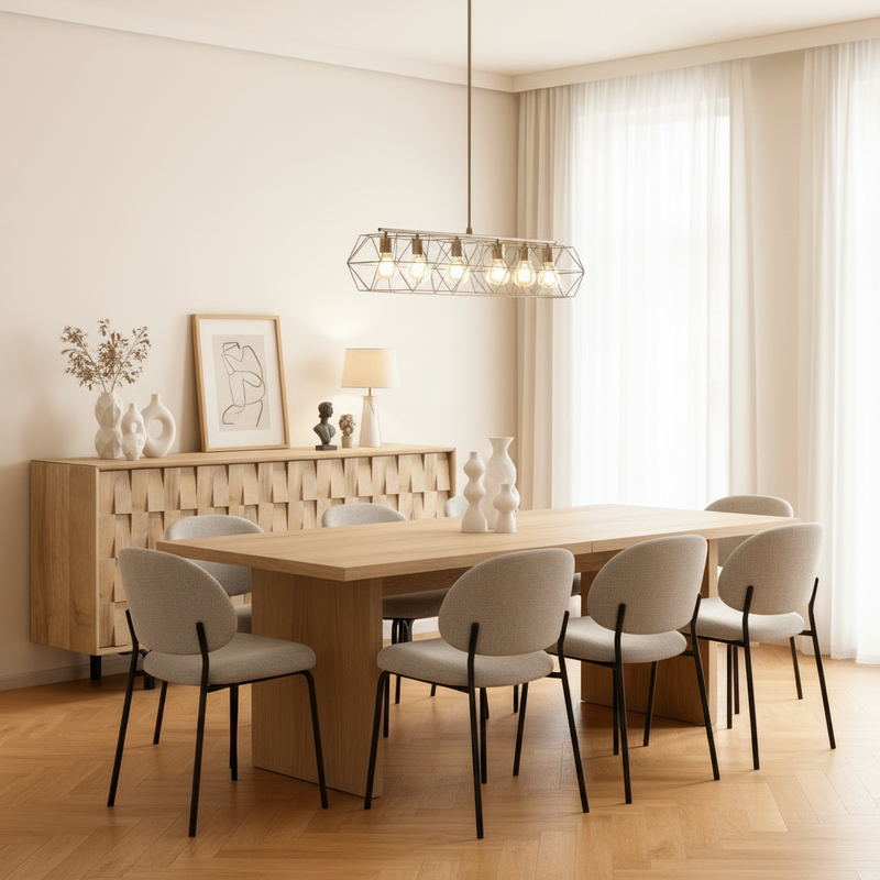 Modern dining room with 3D textured buffet sideboard
