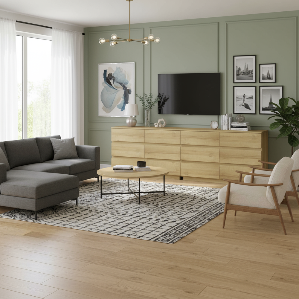 Modern living room with oak dressers