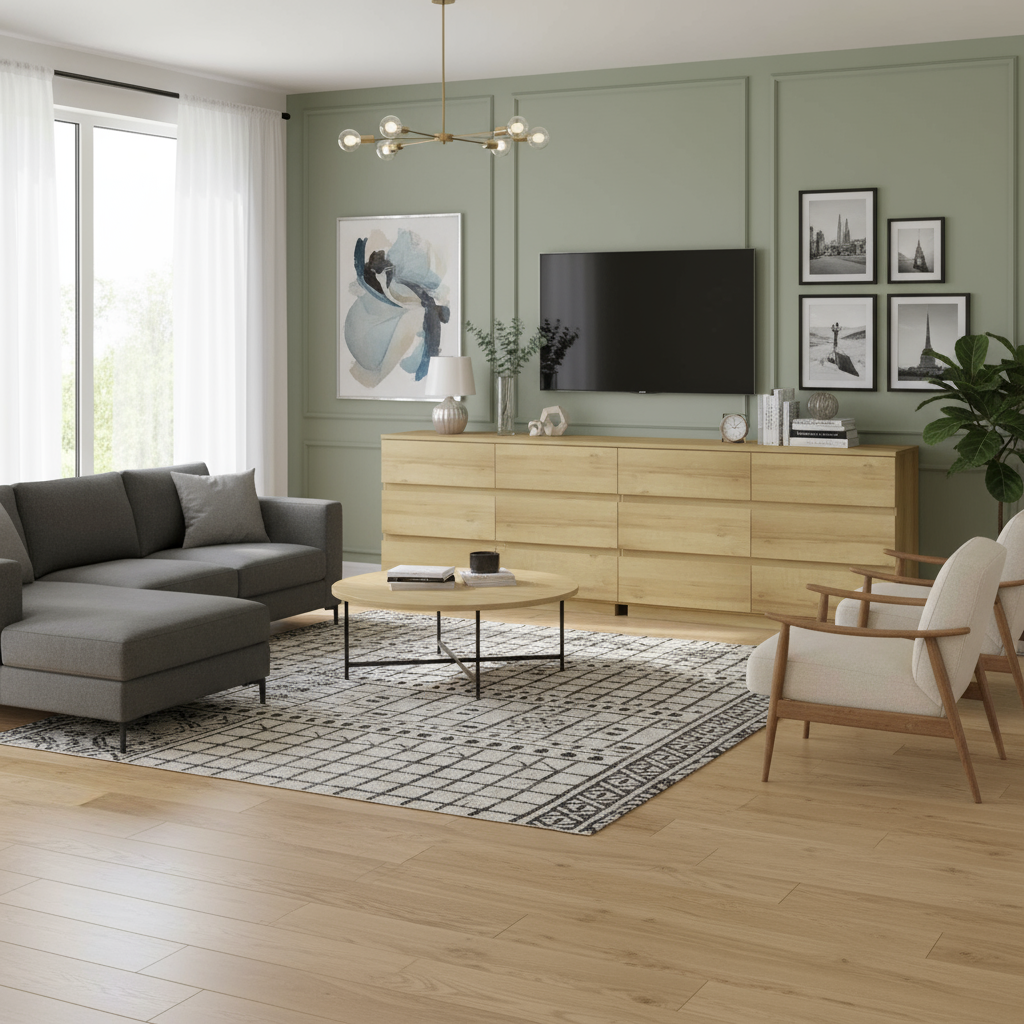 Modern living room with oak dressers