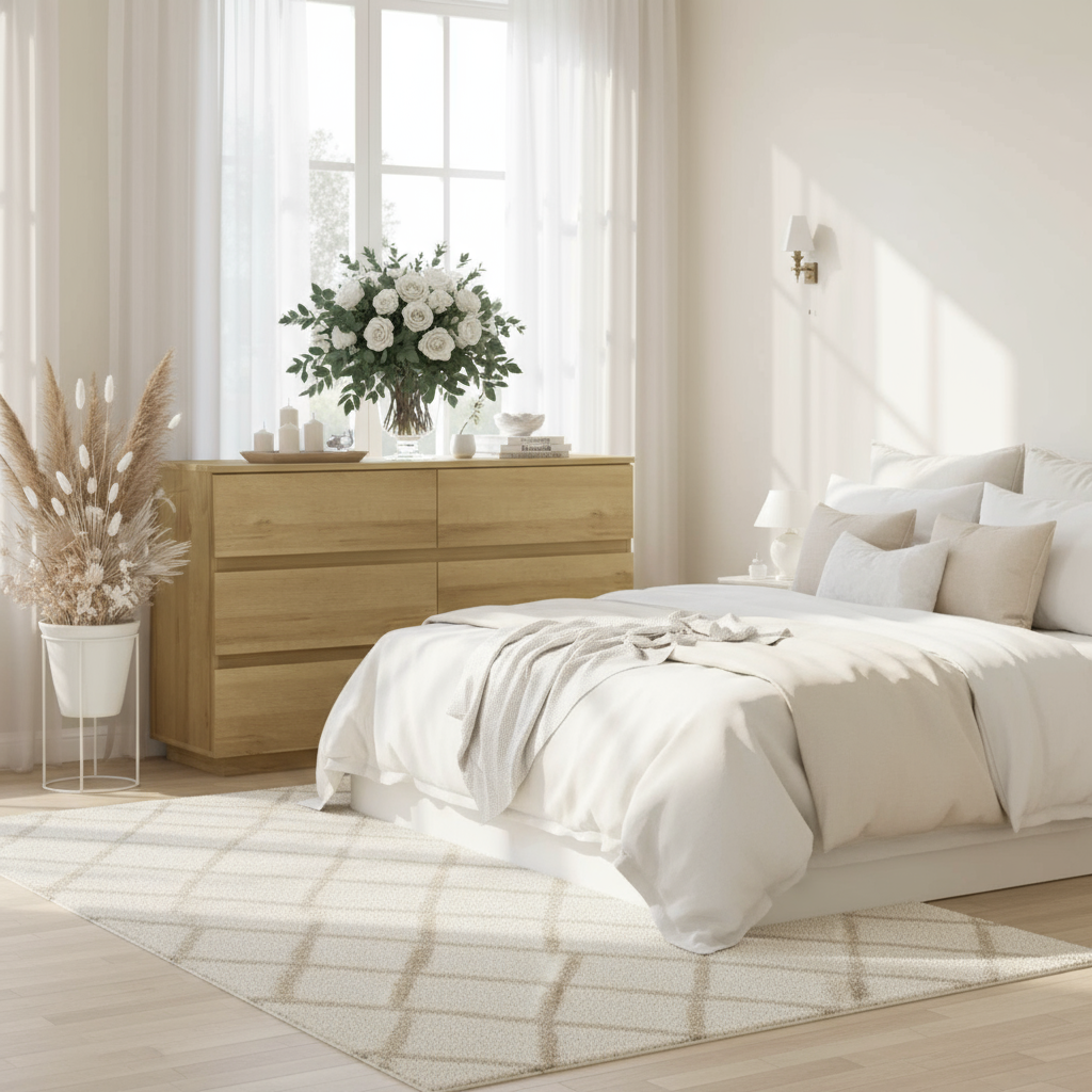 Natural Oak 6-Drawer Dresser in Elegant Bedroom