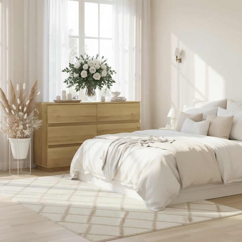 Natural Oak 6-Drawer Dresser in Elegant Bedroom