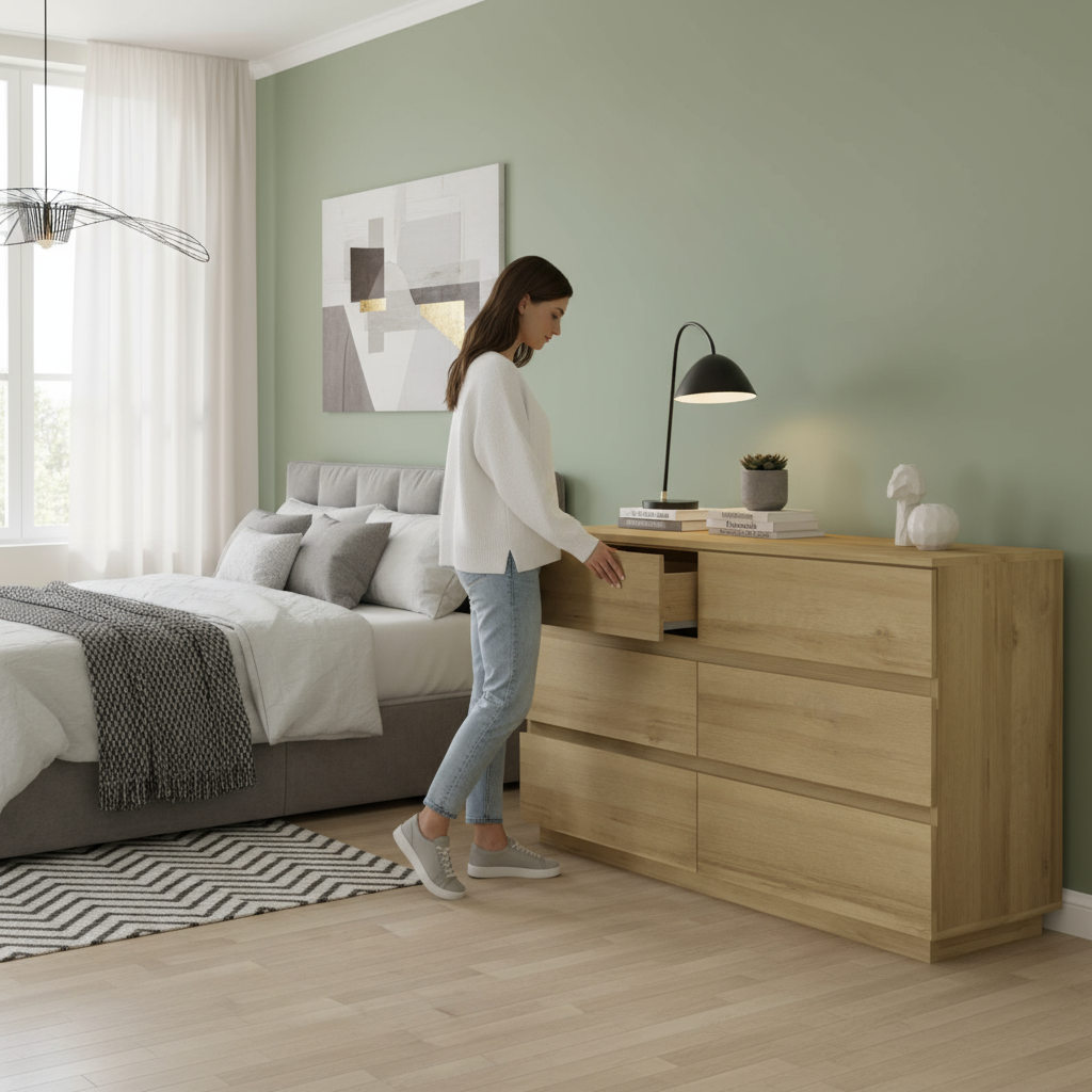 Natural Oak Dresser in Modern Bedroom with Person