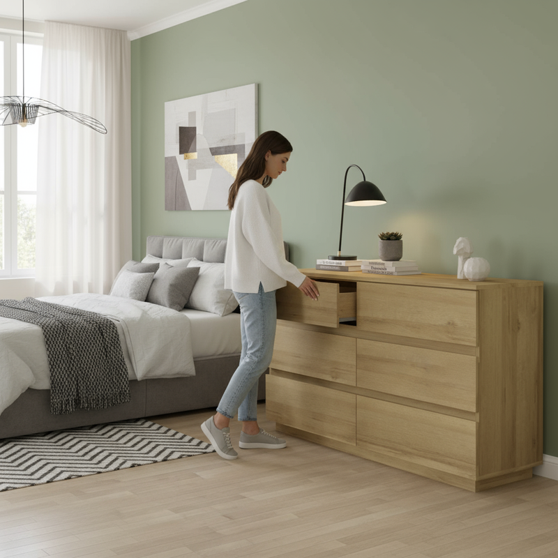 Natural Oak Dresser in Modern Bedroom with Person