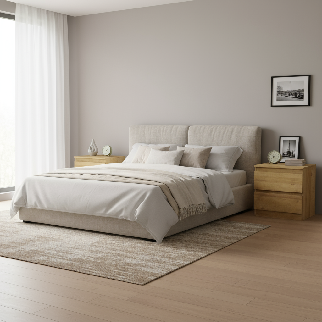 Natural wood nightstands on each side of bed