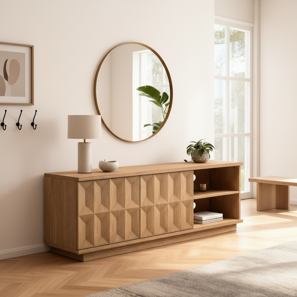 Natural wood unit in elegant entryway setting