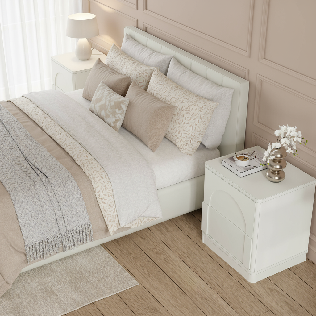 Nightstand beside bed from side angle