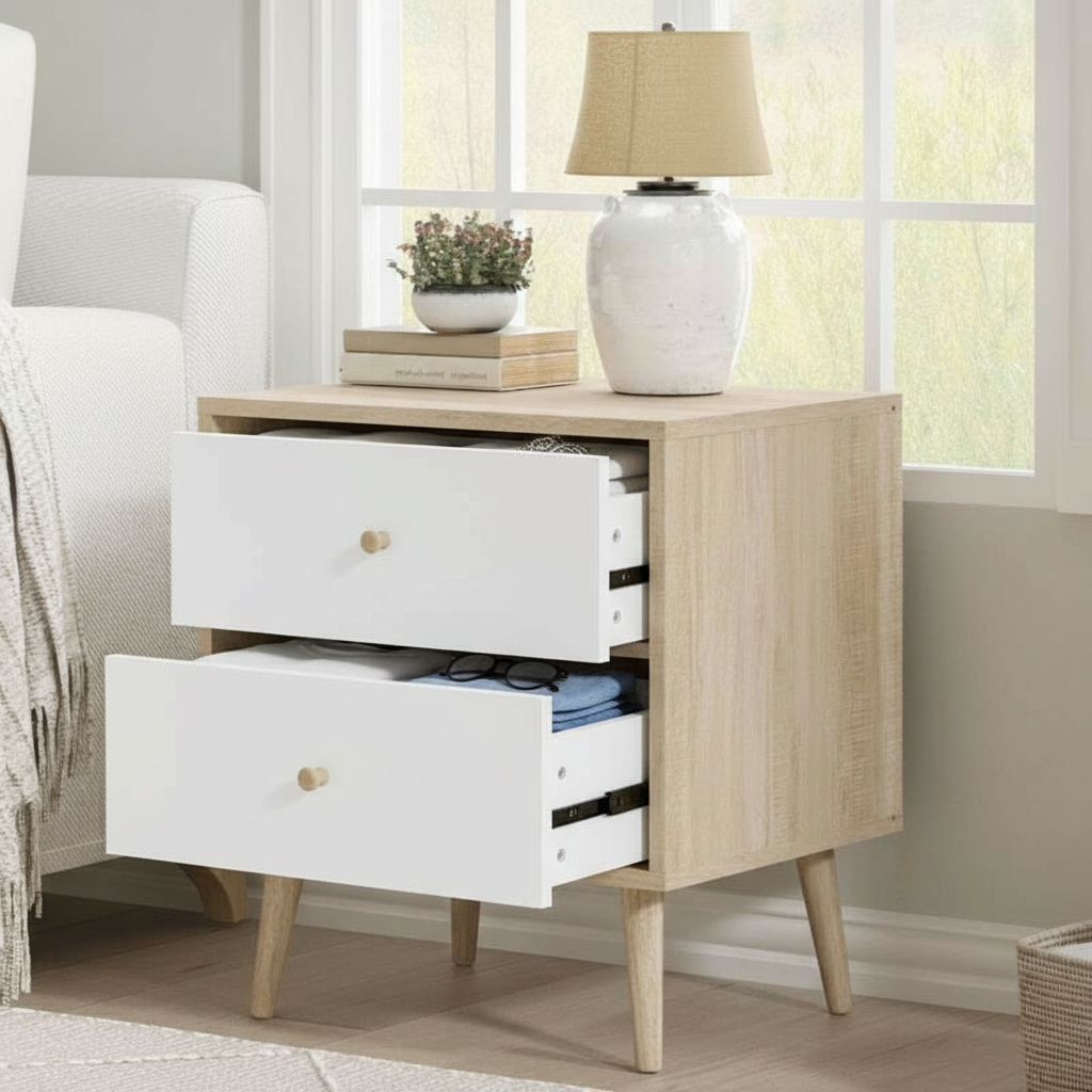 Nightstand with both drawers open showing storage