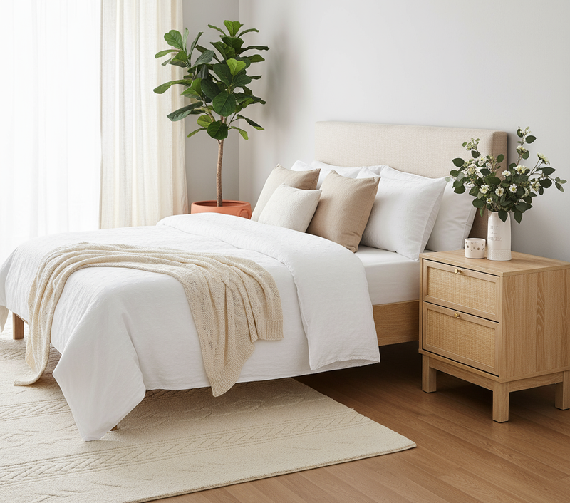 Oak and Rattan Bedside Table in Elegant Bedroom