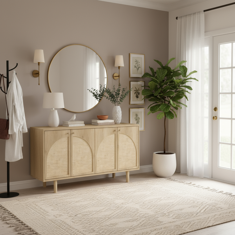 Oak and Rattan Sideboard in Sophisticated Entryway