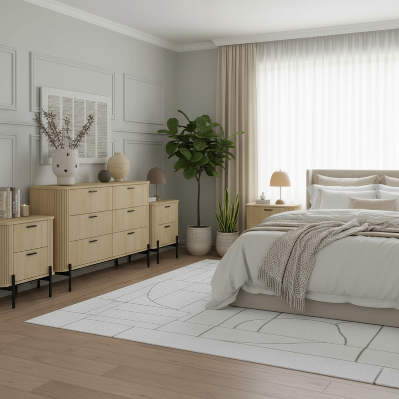 Oak bedroom set with nightstands flanking bed