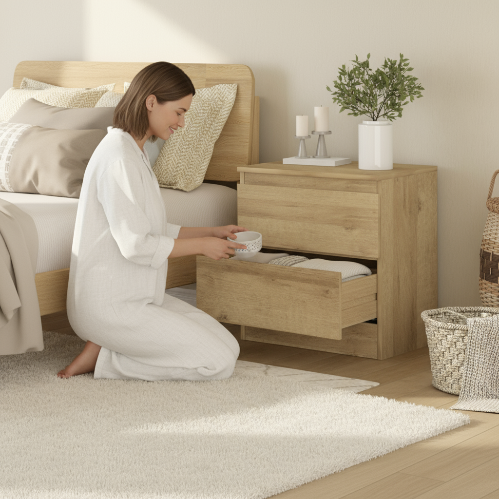 Oak bedside chest with person
