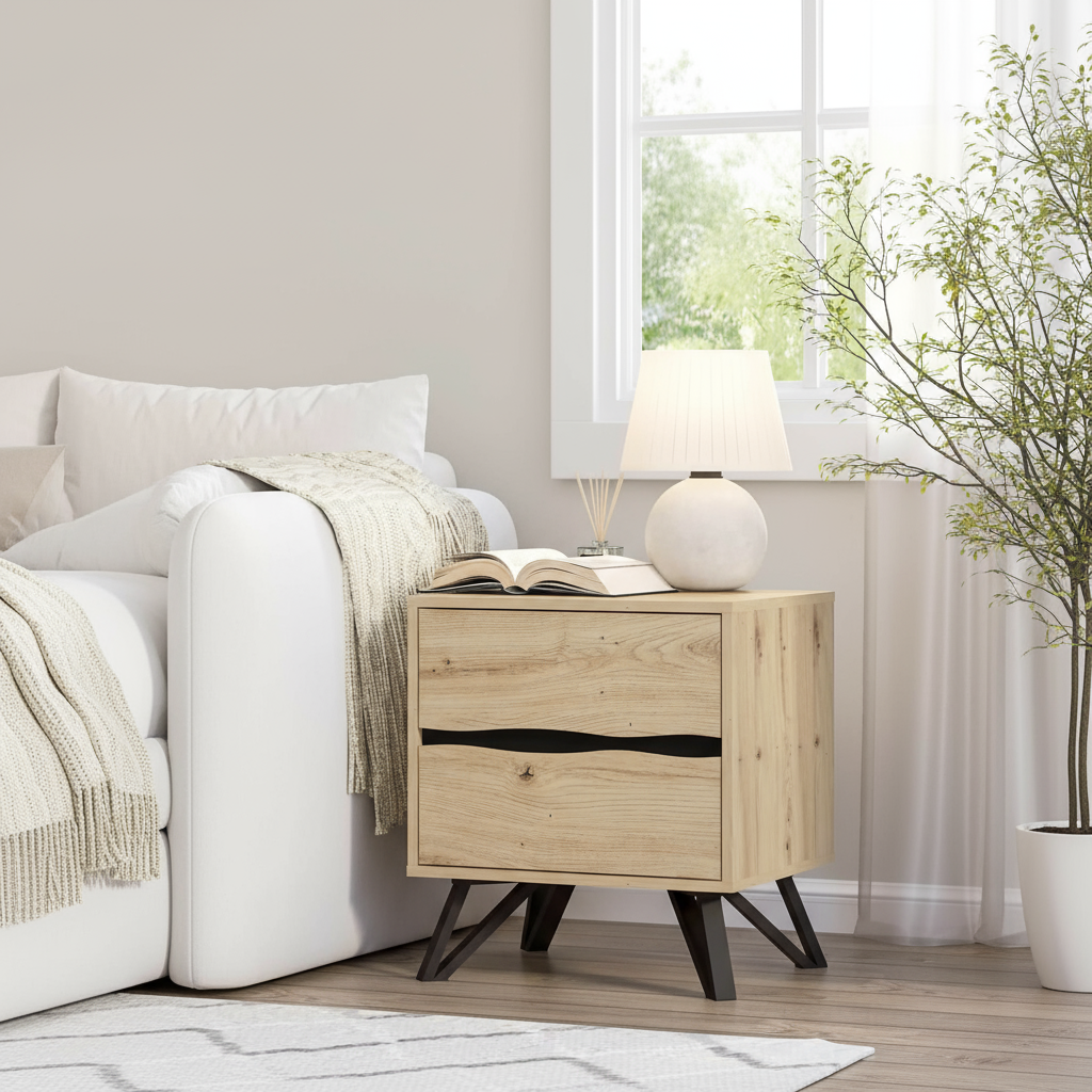Oak Bedside Table with Black Legs in Modern Bedroom