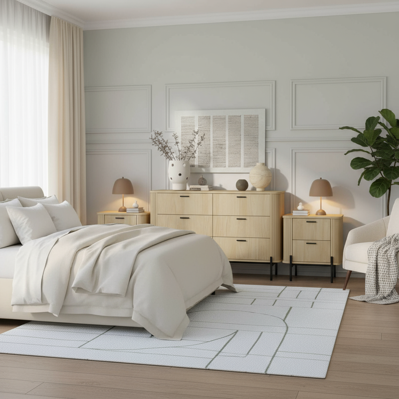 Oak dresser and nightstands in bedroom
