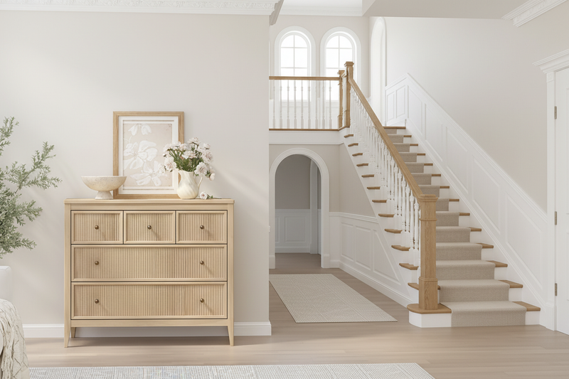 Oak dresser in elegant hallway with staircase