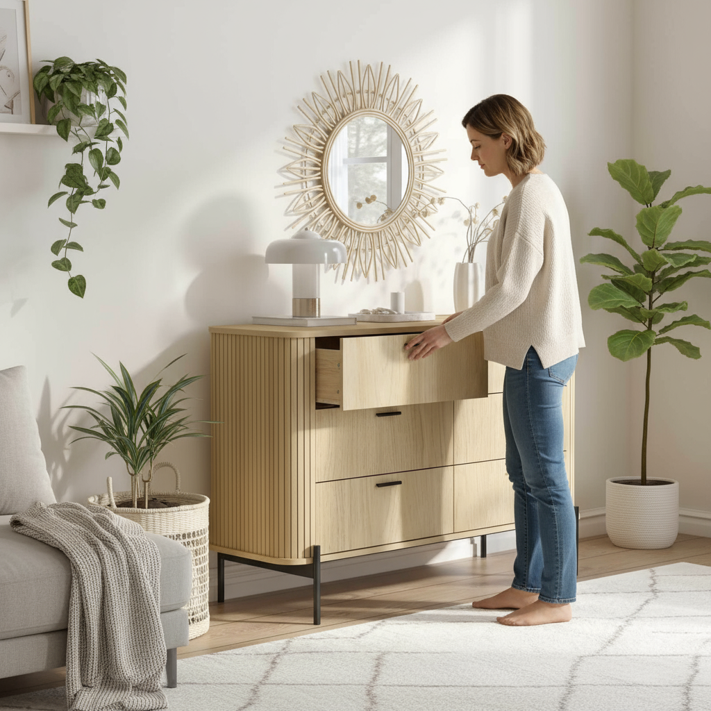 Oak Dresser in Lounge - Person Opening Drawer