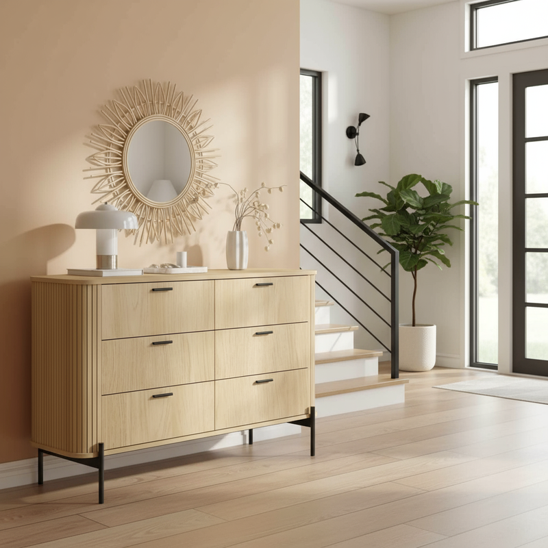 Oak dresser in modern entryway with stairs