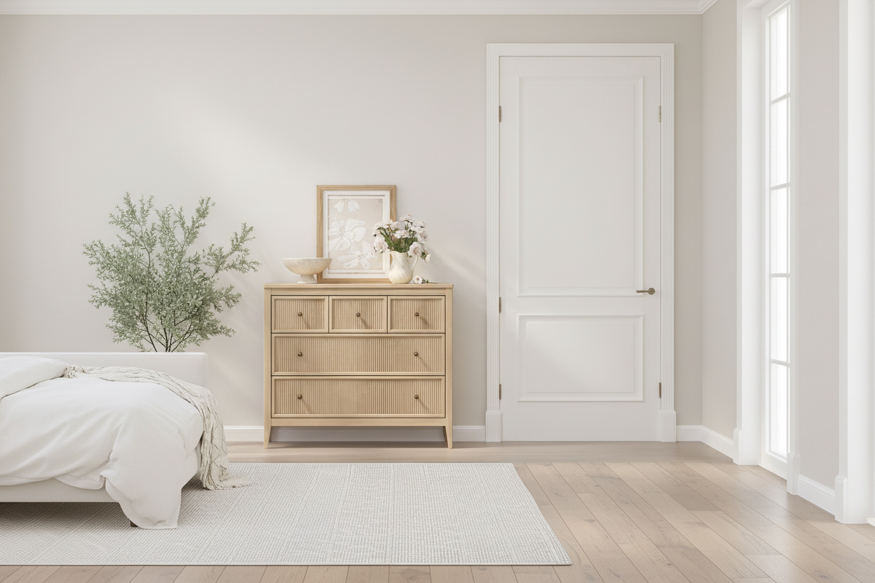 Oak dresser in spacious open bedroom