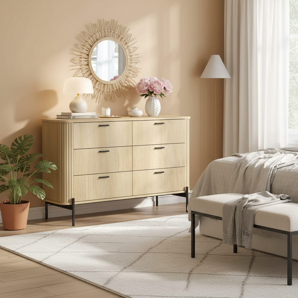Oak dresser in warm bedroom setting