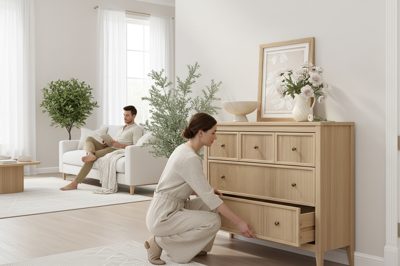 Oak dresser lifestyle image with people
