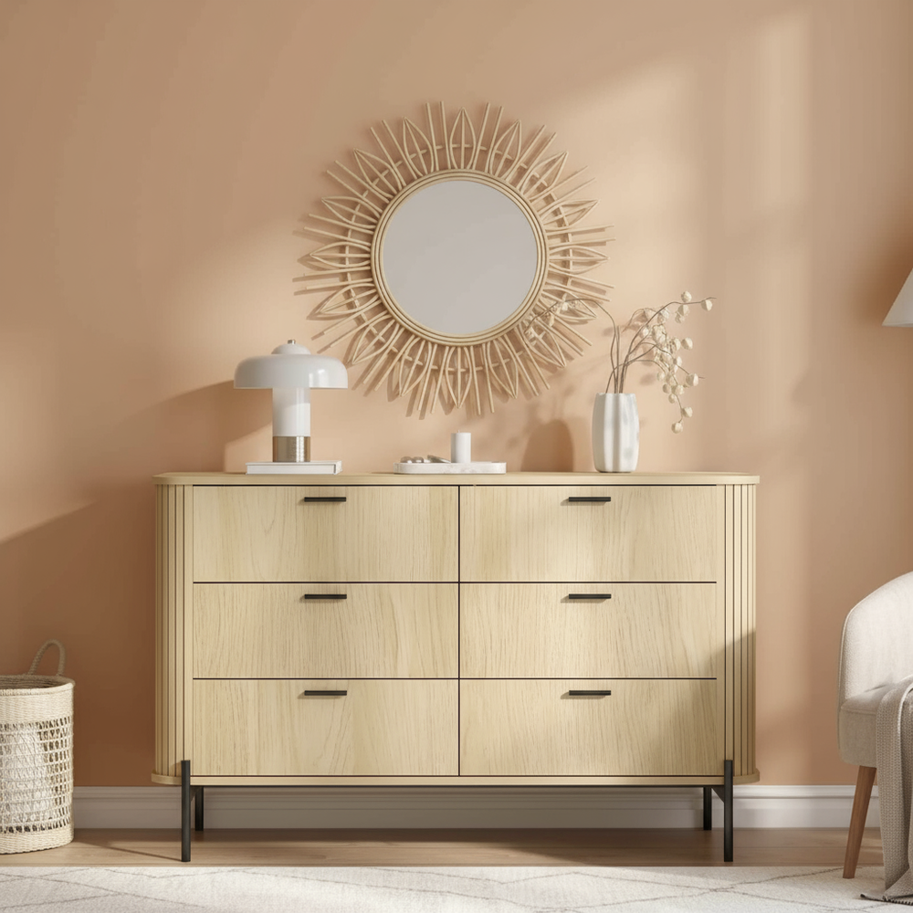 Oak dresser with warm peachy wall