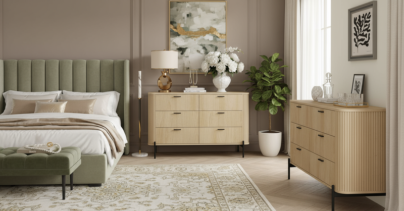 Oak dressers in luxurious upscale setting