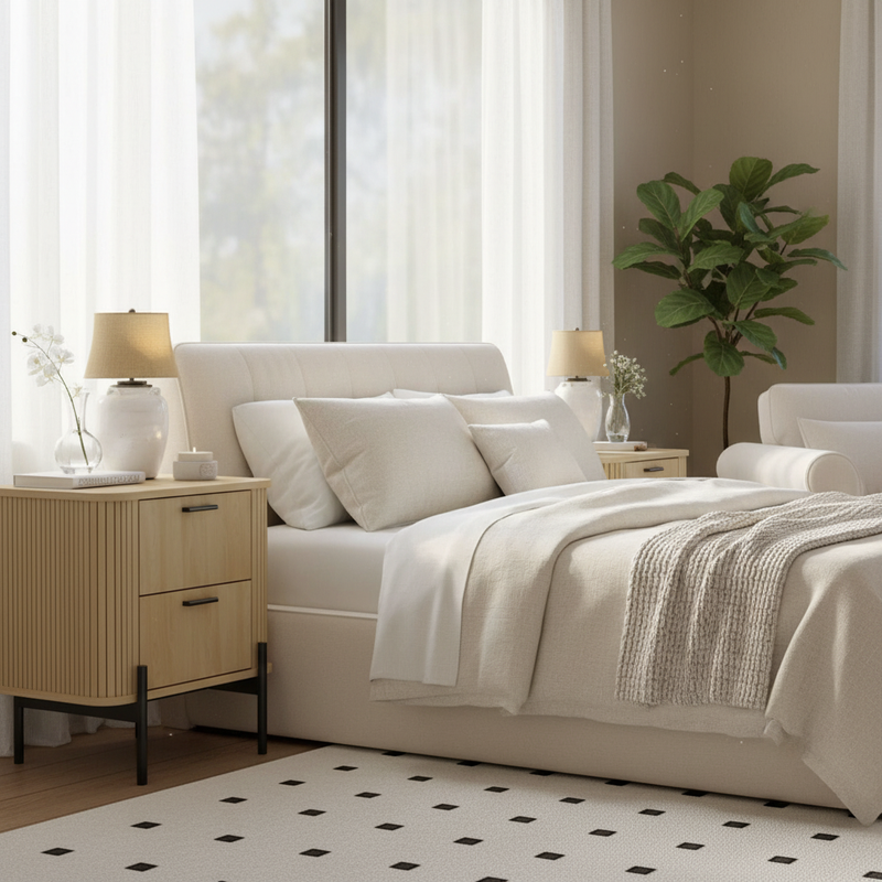 Oak nightstand in bedroom setting