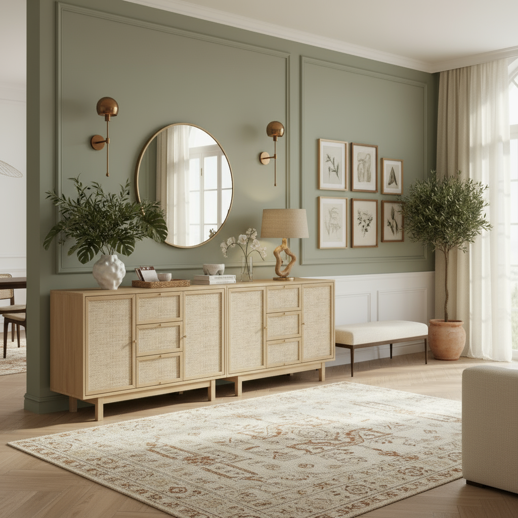 Oak rattan sideboards in entryway matching reference