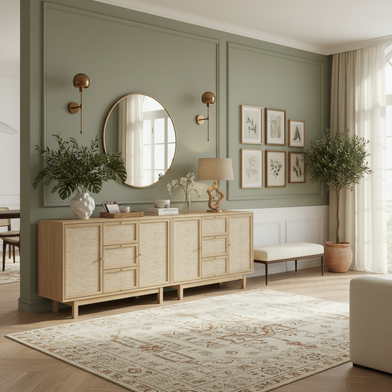 Oak rattan sideboards in entryway matching reference