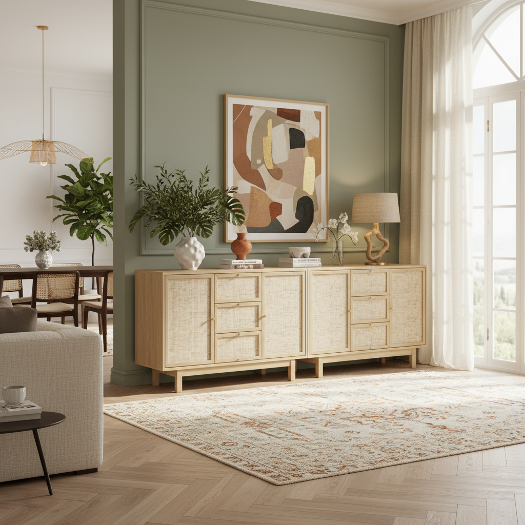 Oak rattan sideboards in luxurious upscale setting