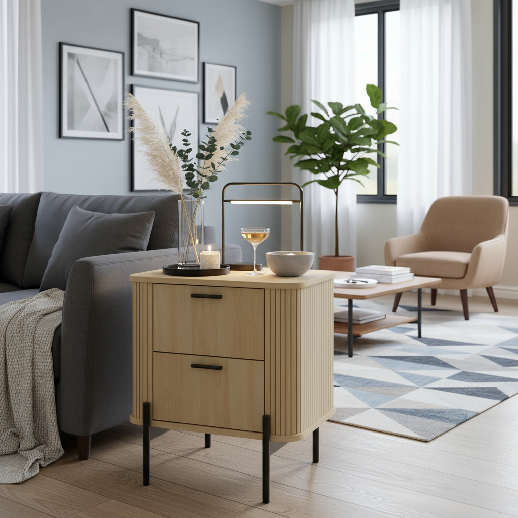 Oak side table in modern lounge