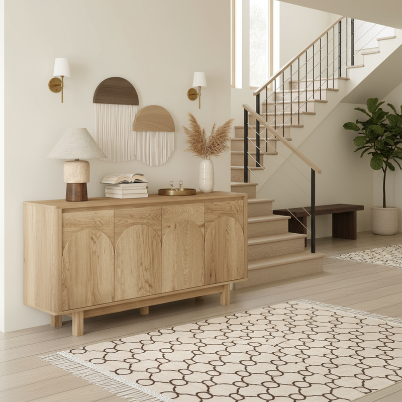 Oak sideboard in entryway with stairs