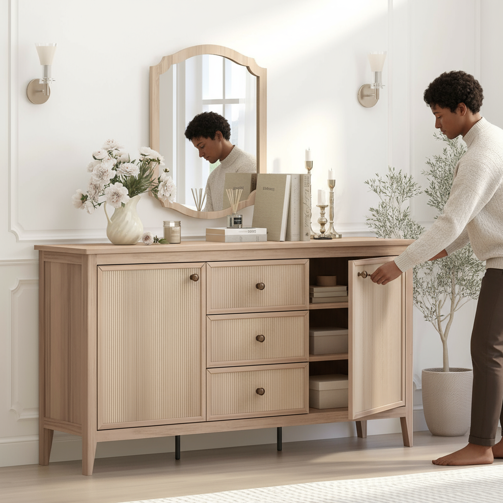 Oak Sideboard - Person Opening (Correct Hardware)