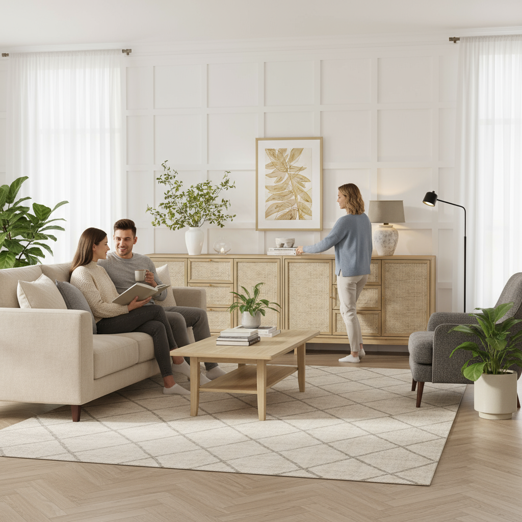 Oak sideboards with rattan panels in living room with people