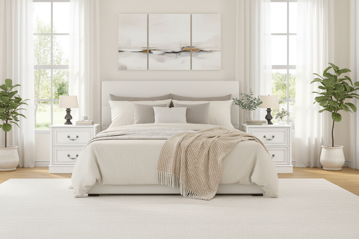 Pair of white 2-drawer bedside tables in symmetrical bedroom setting