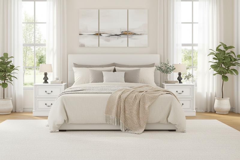 Pair of white 2-drawer bedside tables in symmetrical bedroom setting