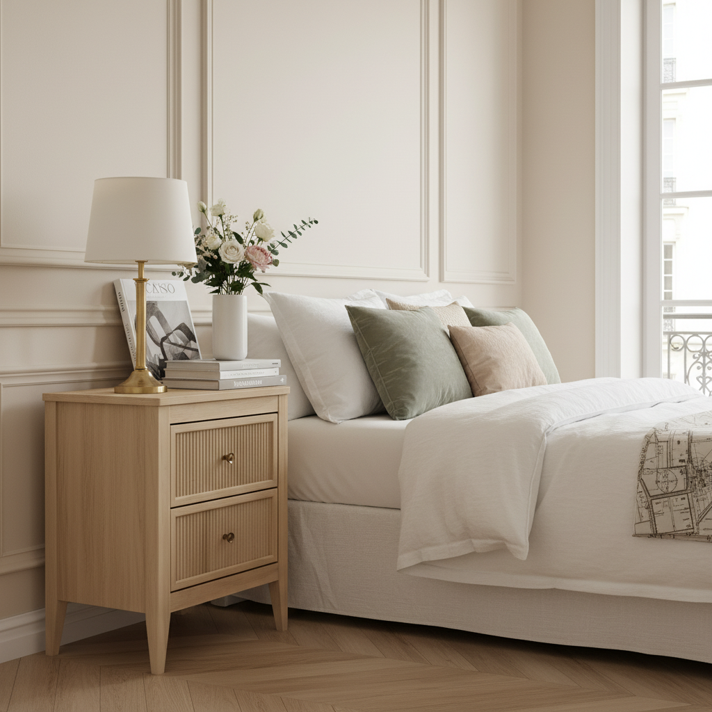 Parisian-inspired bedroom with ribbed bedside table