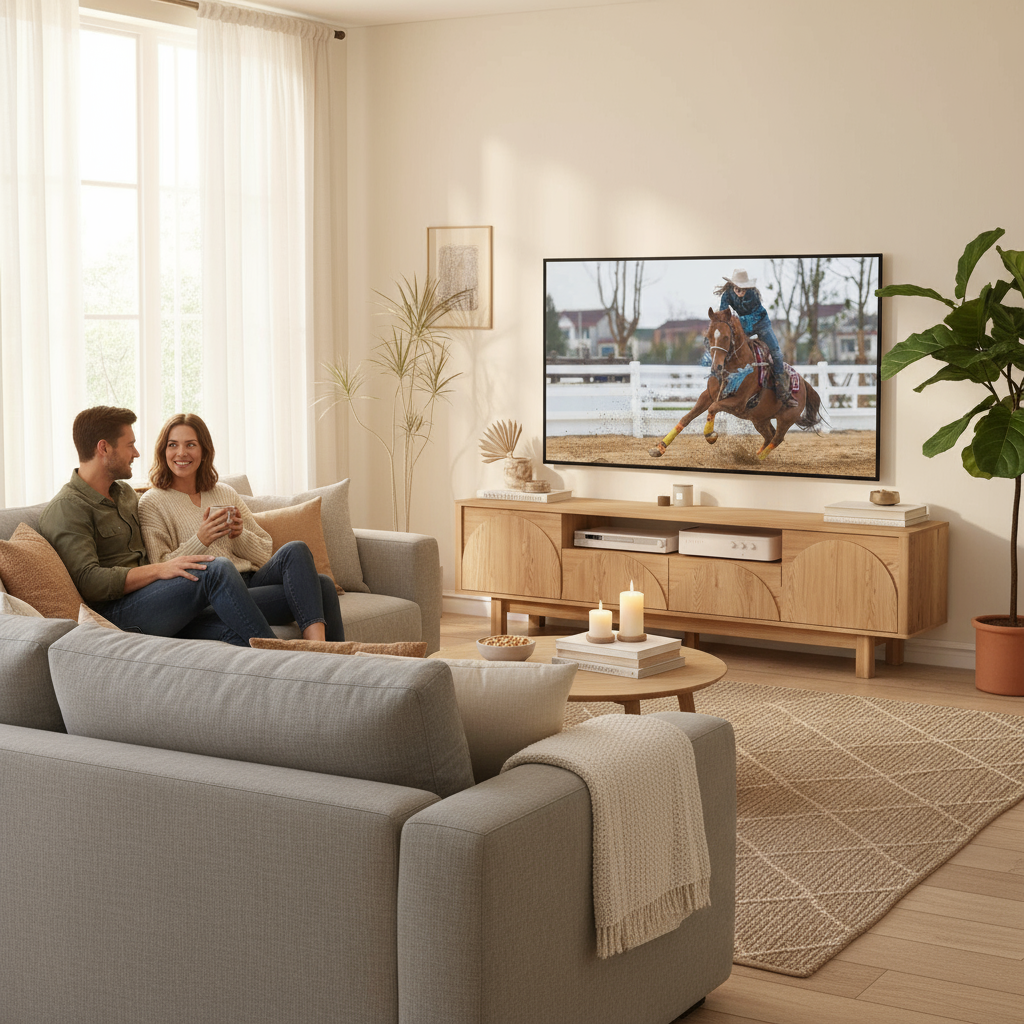 People relaxing in living room with oak TV unit